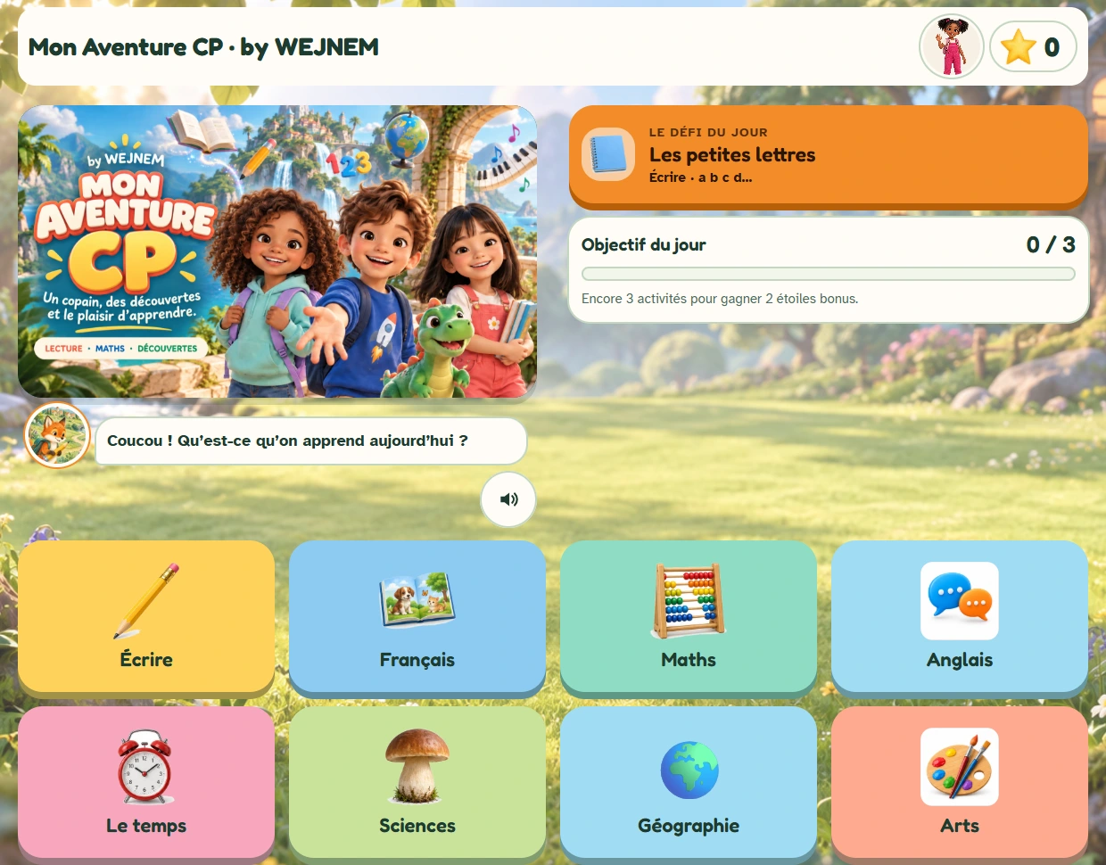 Accueil actuel de Mon Aventure CP : écrire, français, maths, anglais et découvertes