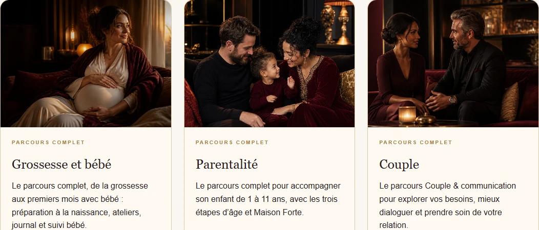 Capture des présentations des parcours grossesse et bébé, parentalité, couple